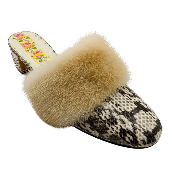 Gucci Beige Candy Snakeskin & Mink Fur Embellished Mules - Picture 1 of 8